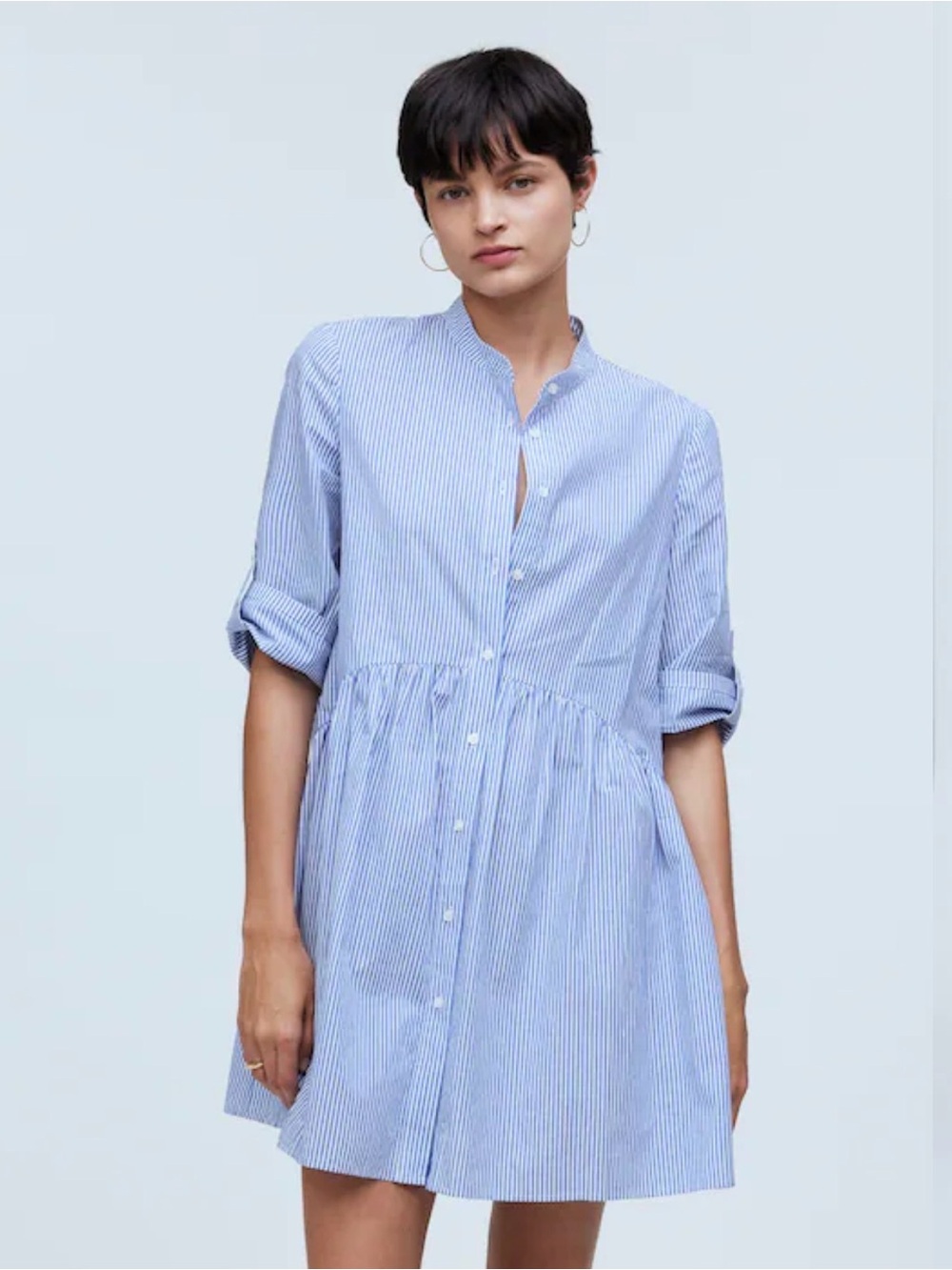 Madewell Button-Front Gathered Mini Dress in Stripe Poplin, Indigo/White, Small